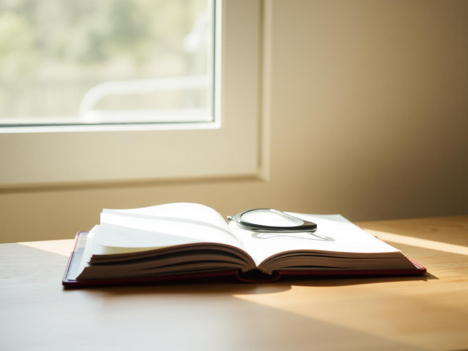 Escritorio de investigación con un libro abierto y luz natural